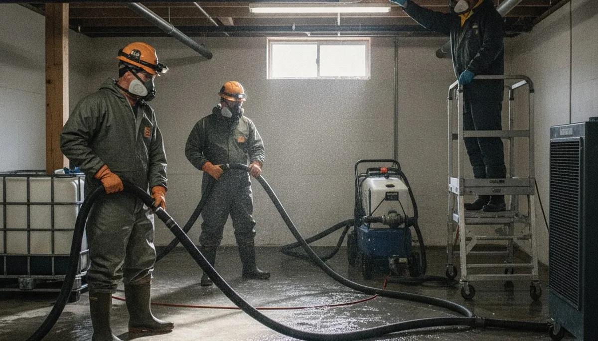 Burst pipe cleanup team restoring water-damaged Mobile, AL home after emergency leak