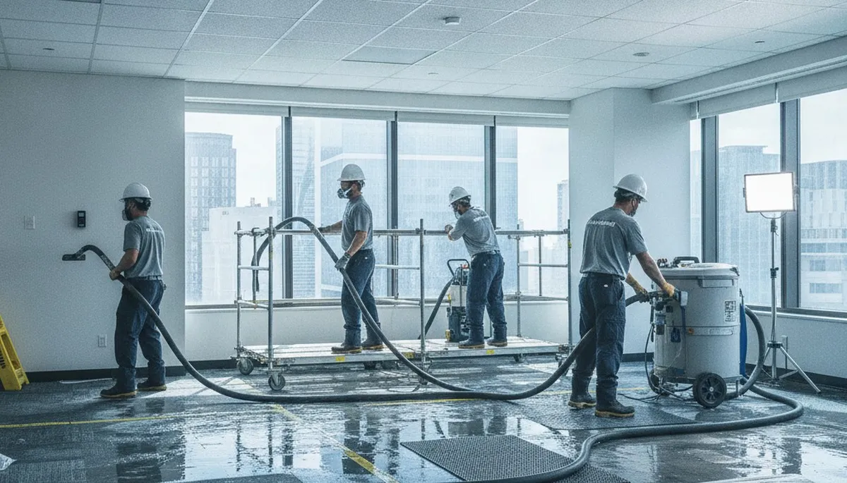 Commercial water damage restoration crew in Mobile, AL removing flood water from a business property