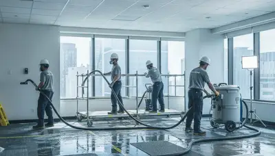 Commercial water damage restoration crew in Mobile, AL removing flood water from a business property