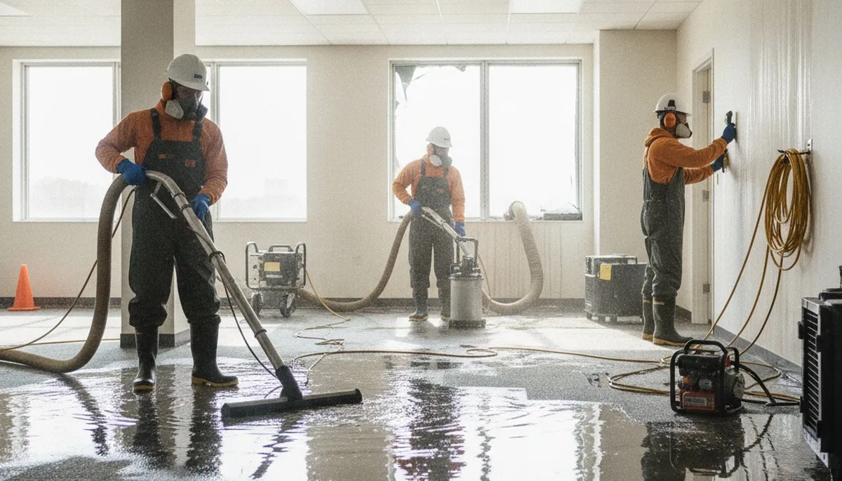 Commercial water damage restoration crew in Mobile, AL drying a flooded business interior