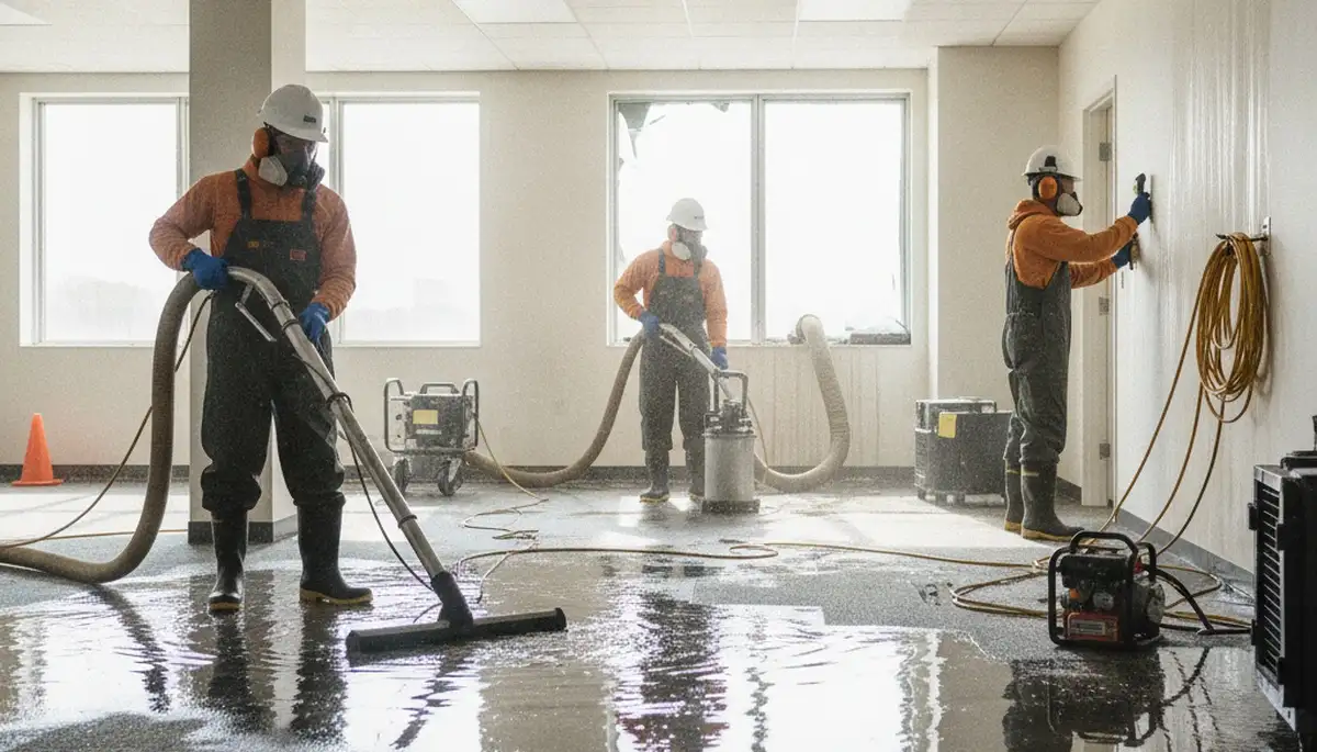 Commercial water damage restoration crew in Mobile, AL drying a flooded business interior
