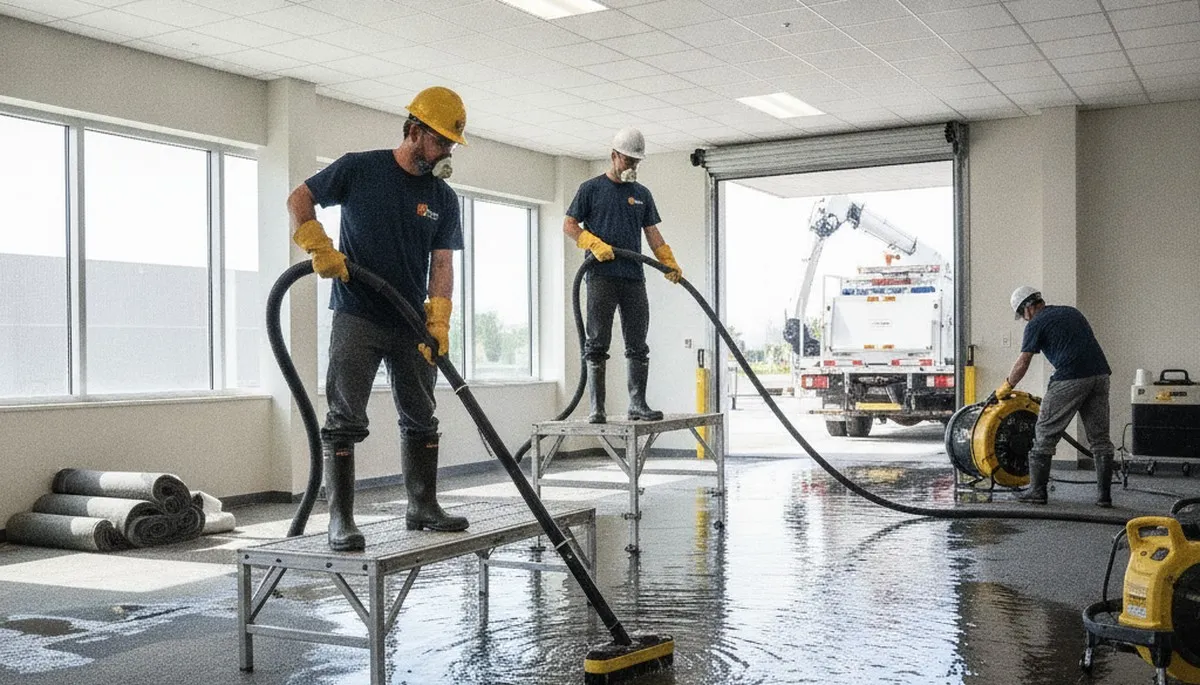 Water damage crew removing standing water in Mobile, AL home during emergency water removal service