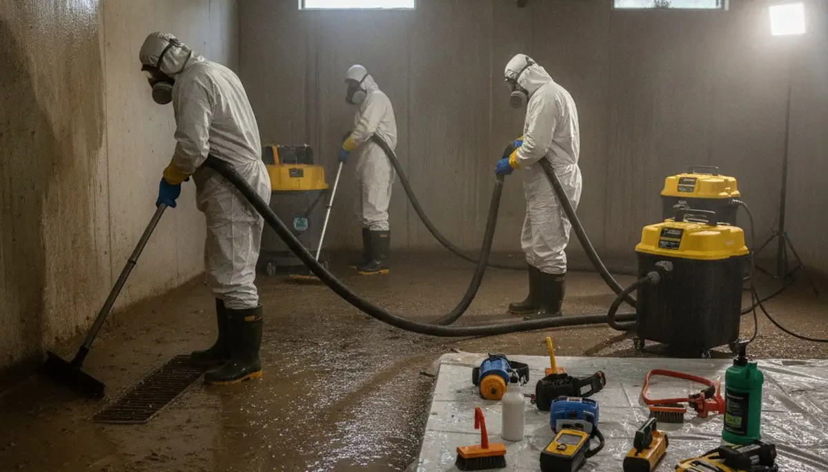 Sewage cleanup crew in Mobile, AL removing contaminated water from a flooded home