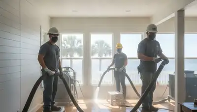 Water damage restoration team in Mobile, AL inspecting and drying a flooded home