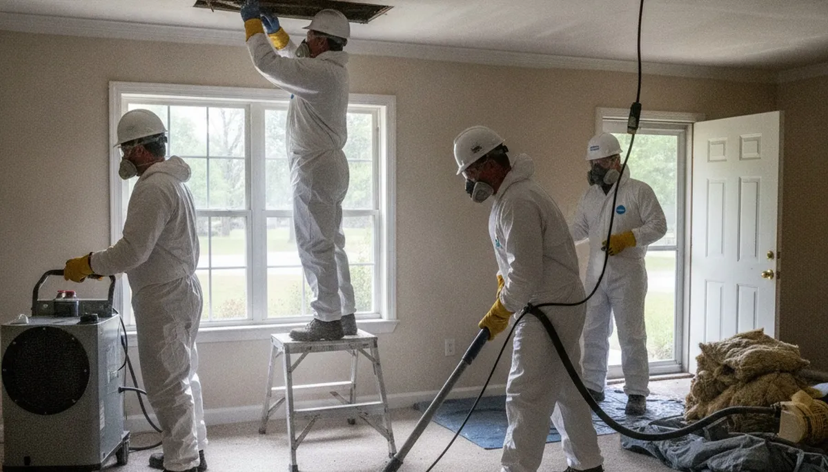 Water damage restoration team in Mobile, AL inspecting and repairing a flooded property